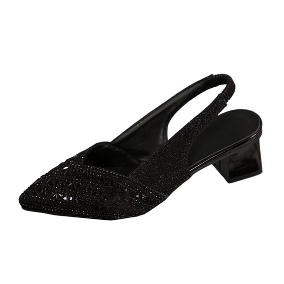Black Womens Sandals Pointed Toe Closed Toe Block Heel Mid Heel Rhinestone Low Cut Versatile Comfortable Slip On Casual Summer Wear Size 37