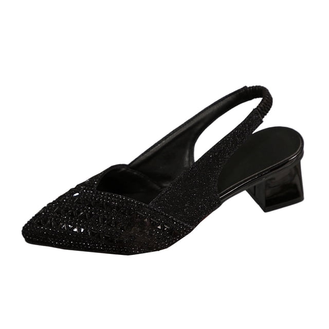 RXMEKW Rhinestone Slingback Pumps for Women, Pointed Toe Low Block Heel Sandals with Elastic Strap for Wedding, Cocktail Party, and Formal Events in Black, Champagne, and Silver