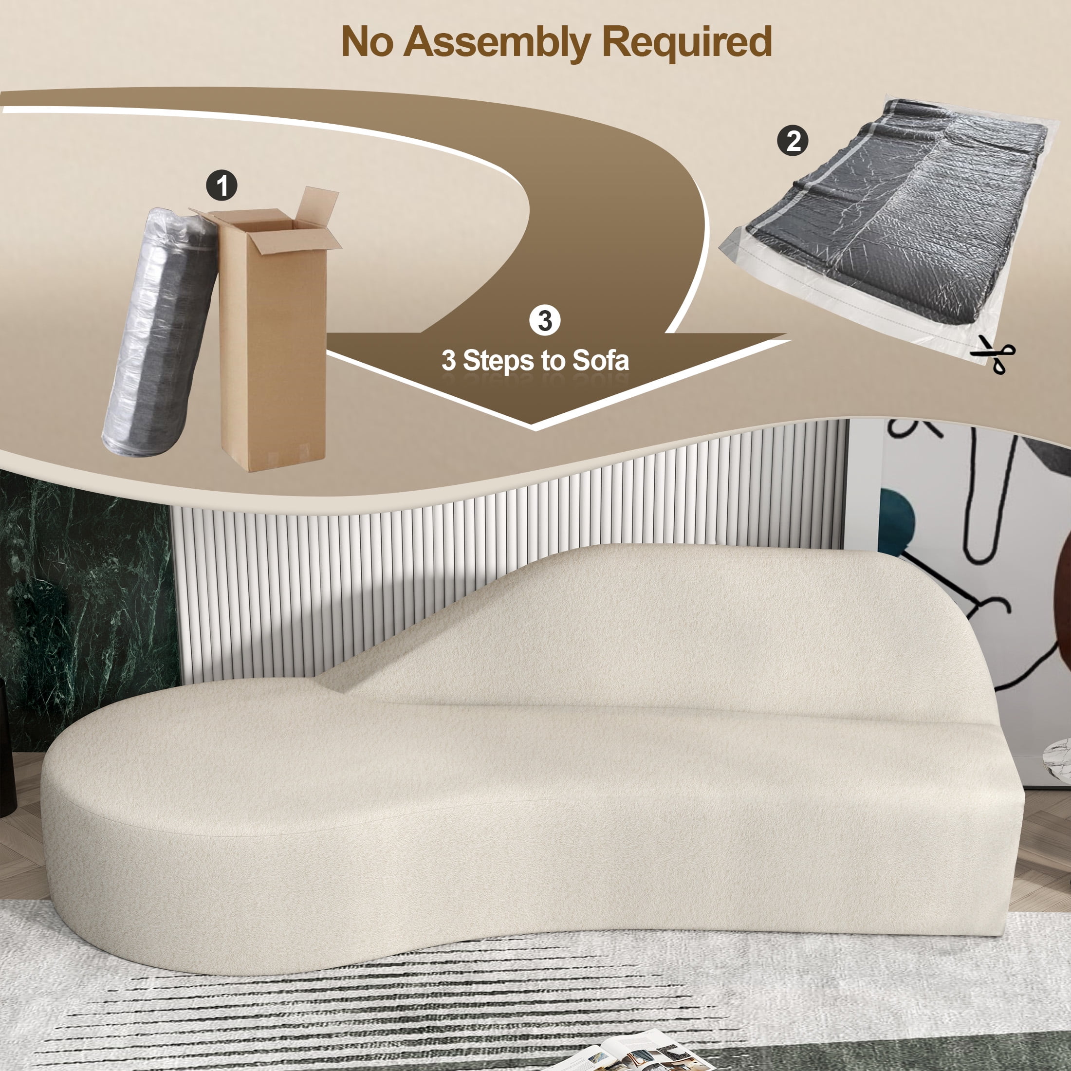 Aukfa Curved Couch Minimalist Style Comfy Sofa for Living Room, Compressed Couch, Chenille, Beige