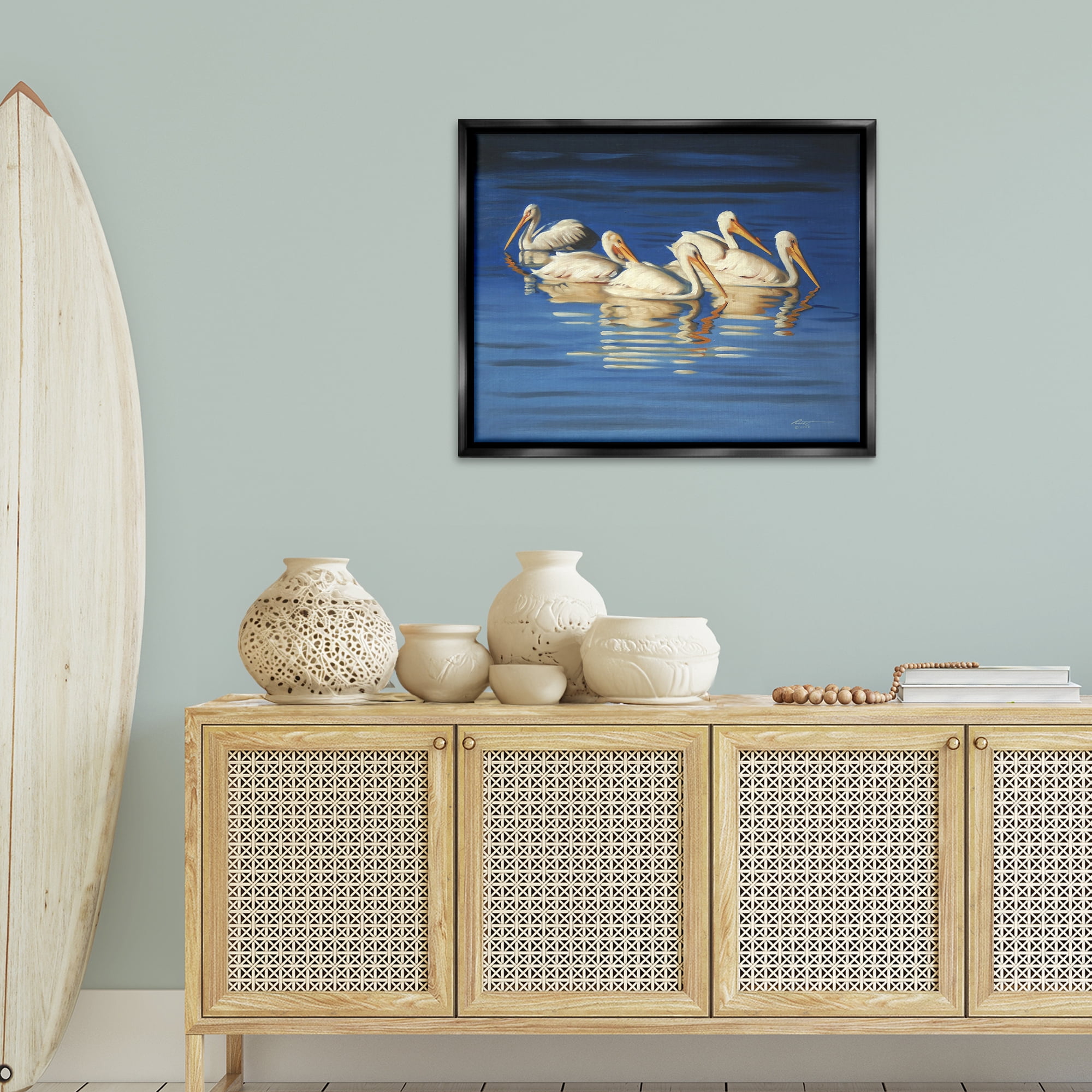 Stupell Industries Pelican Flock Lake Ripples Animals & Insects Painting Black Floater Framed Canvas Art Print Wall Art, 31 x 25