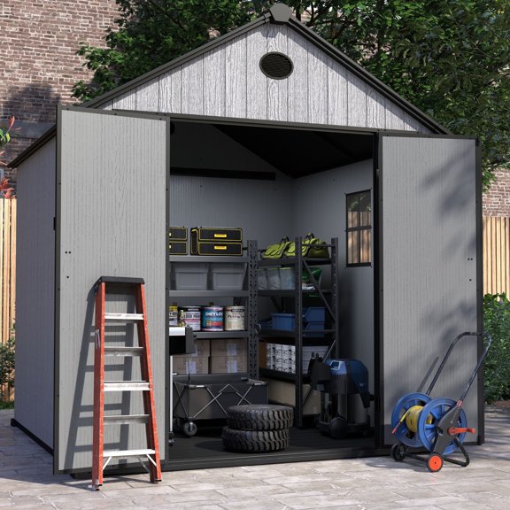 EHHLY 7x7 FT Resin Outdoor Storage Shed Large, 376 Cuft Garden Tool Sheds & Outdoor Storage Plastic Shed with Floor, 8FT Tall Backyard Outside Lawn Mower Storage Shed with Side Window, Cemented Grey