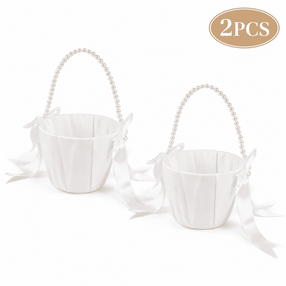 Wedding Flower Basket with Cute Pearl Handle Bowknot Satin Flower Baskets for Wedding Ceremony Ivory 2 Pcs