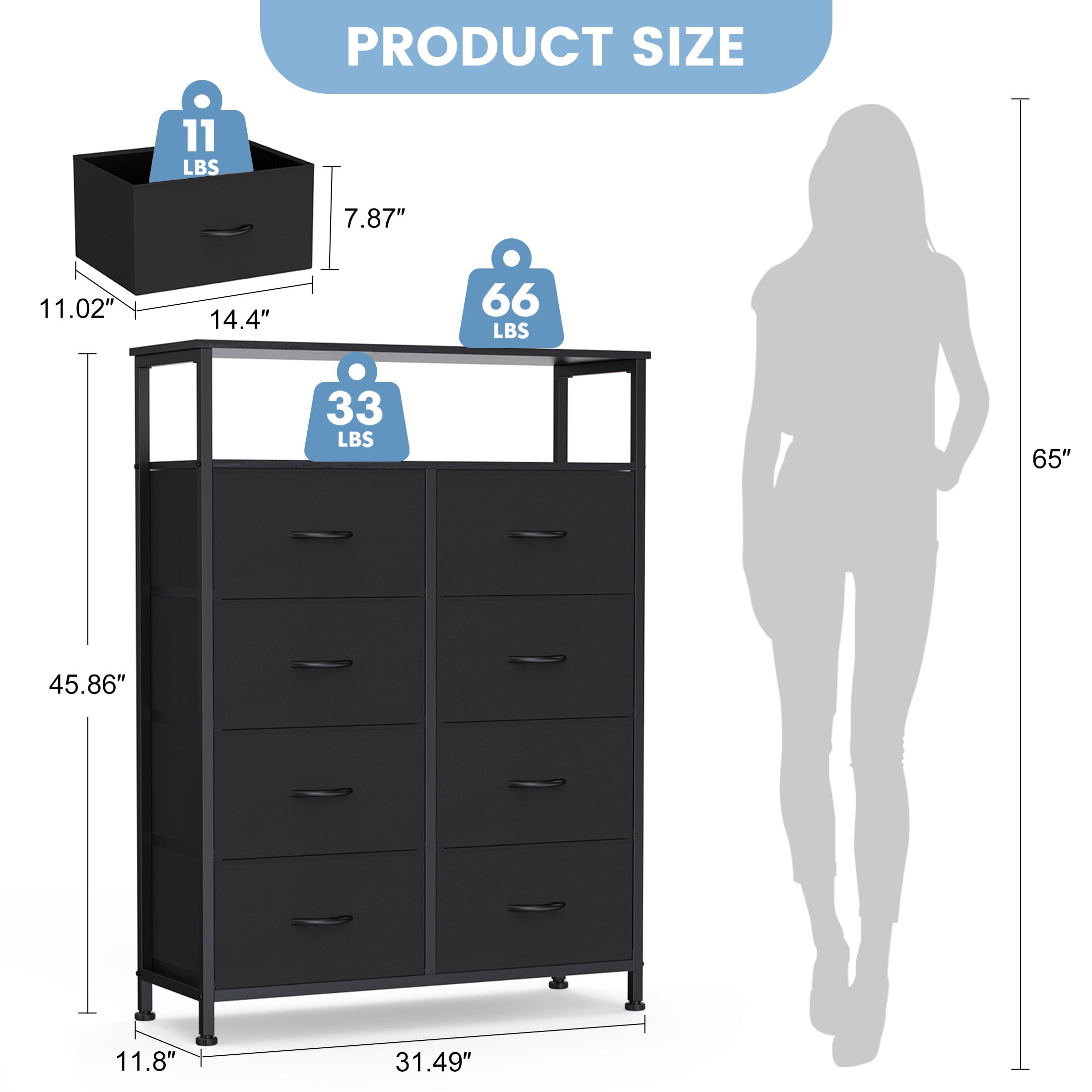 CONCETTA 8 Drawers Fabric Dresser with Open Shelves, Tall Storage Tower for Bedroom Closet, Living Room Entryway Hallway, Black
