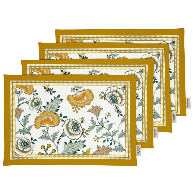 Vargottam Sets de Table - Set de Table pour Table à Manger, Ensemble de 4 - Imprimé & Réversible Serviette en Coton - Sets de Table d'Intérieur pour Maison & Cuisine Table à Manger - Floral Asiatique (Jaune Moutarde)