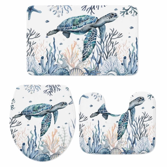 Ocean Turtle Bath Mat 3 Piece Bathroom Rug Set, Coastal Coral Seagrass Starfish Non Slip Bath Rug Contour Mat and Toilet Lid Cover, Absorbent Shower Mats Soft Bath Rugs and Mats Sets