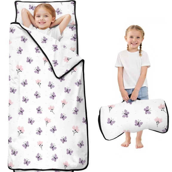 Pink Butterfly Pattern Teens Toddler Nap Mat with Pillow, Sleeping Mat Bag for Preschool Daycare 59"x22"