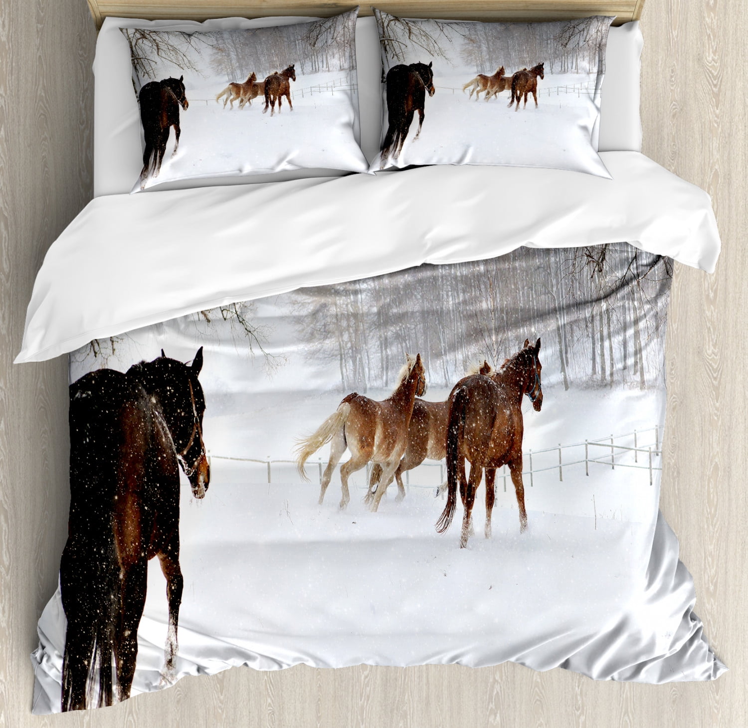 Winter Duvet Cover Set, Horses in the Snow Playing Having Fun in the