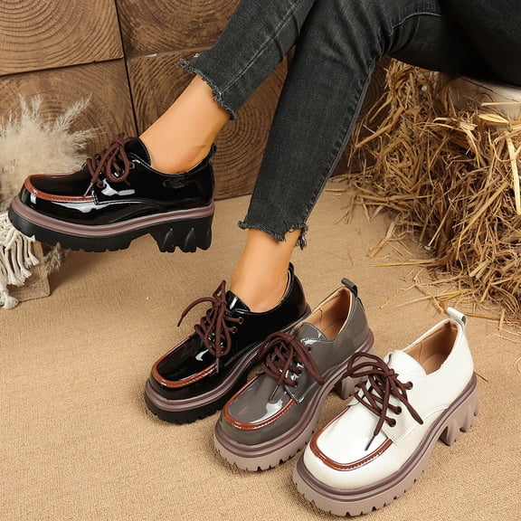 Women's Platform Loafers Wide Width, Patent Leather Lace-Up Casual Shoes, Chunky Sole Low Heel Dress Shoes for All Seasons, Black/Grey/White