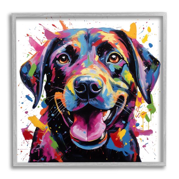 Stupell Industries Smiling Dog Modern Splatter Animals & Insects Painting Gray Framed Art Print Wall Art, 24 x 24