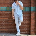 thumbnail image 5 of YHAJDS Summer Suits for Men 2 Piece Set Short Sleeve Solid Mandarin Collar Shirt Long Pants Casual, 5 of 5
