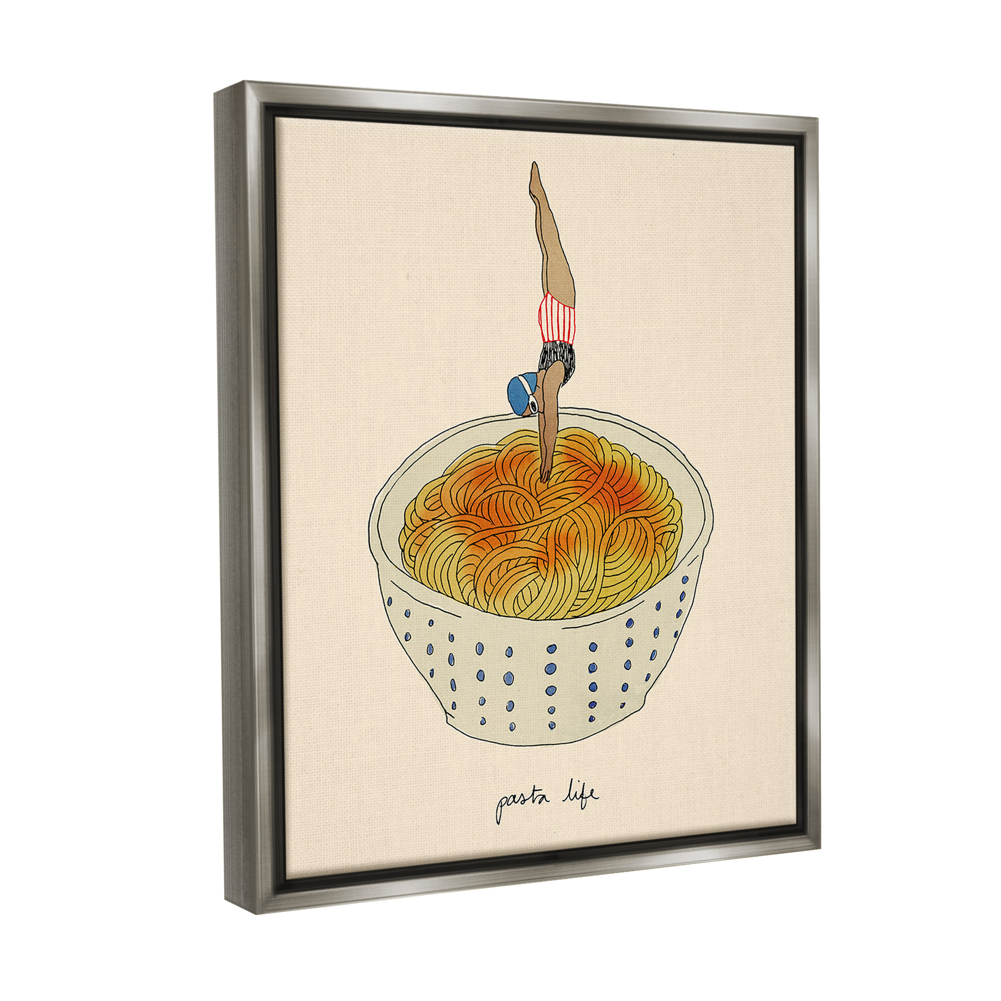 Stupell Industries Swimmer with Pasta Bowl Food & Beverage Painting Gray Floater Framed Canvas Art Print Wall Art, 17 x 21