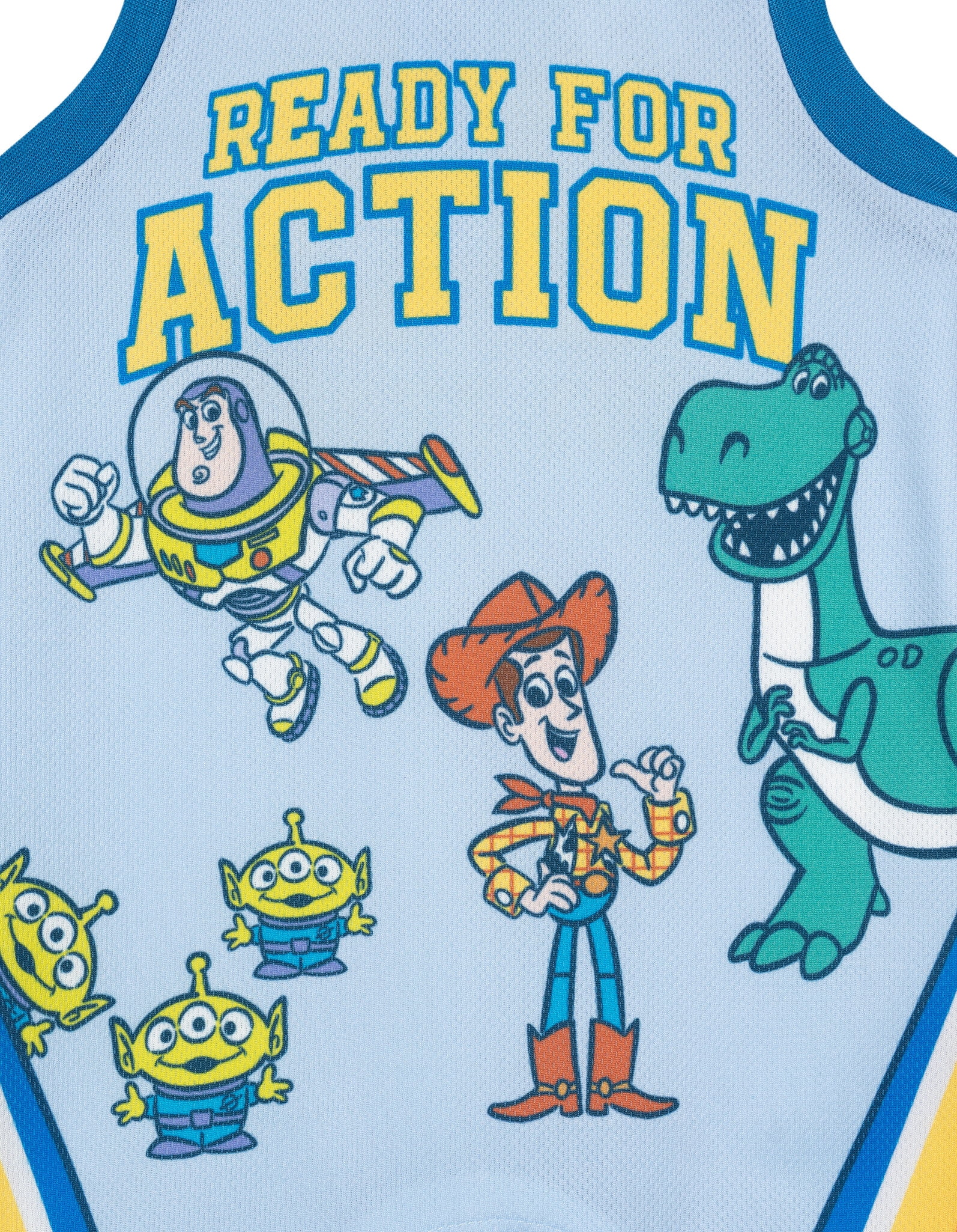 Disney Toy Story Baby Boys' Sleeveless Mesh Athletic Romper and Sweatband Set Light Blue Buzz Woody Rex and Aliens