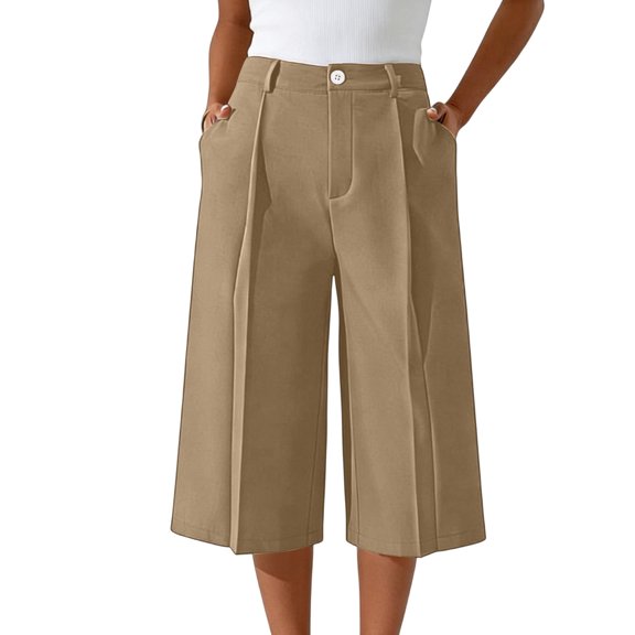 Costeam Womens Pleated Capri Wide Leg Pants Single Button Zipper Fly Side Slip Pockets Mid Calf Length Tailored Lightweight Loose Cropped Casual Trousers