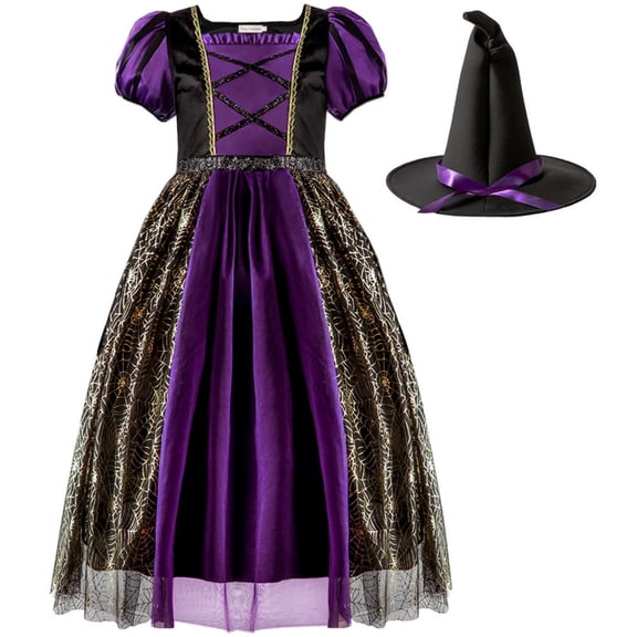 Witch Cosplay, Witch Costume, Witch Outfit, Witch Roleplay, Purple Gold Witch Dress Costume With Pointed Hat Medieval Gothic Gown Halloween Cosplay Outfit for Holiday Celebration, Dark Purple 100