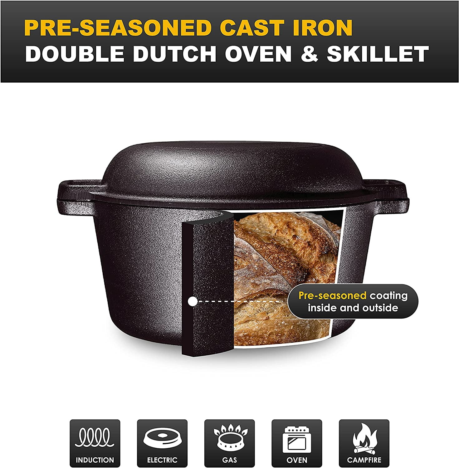 Bruntmor 8.5 Qt Round Cast Iron Pot Pre-Seasoned Dutch Oven w/Lid & Metal  Handle, 5 Qt - Gerbes Super Markets