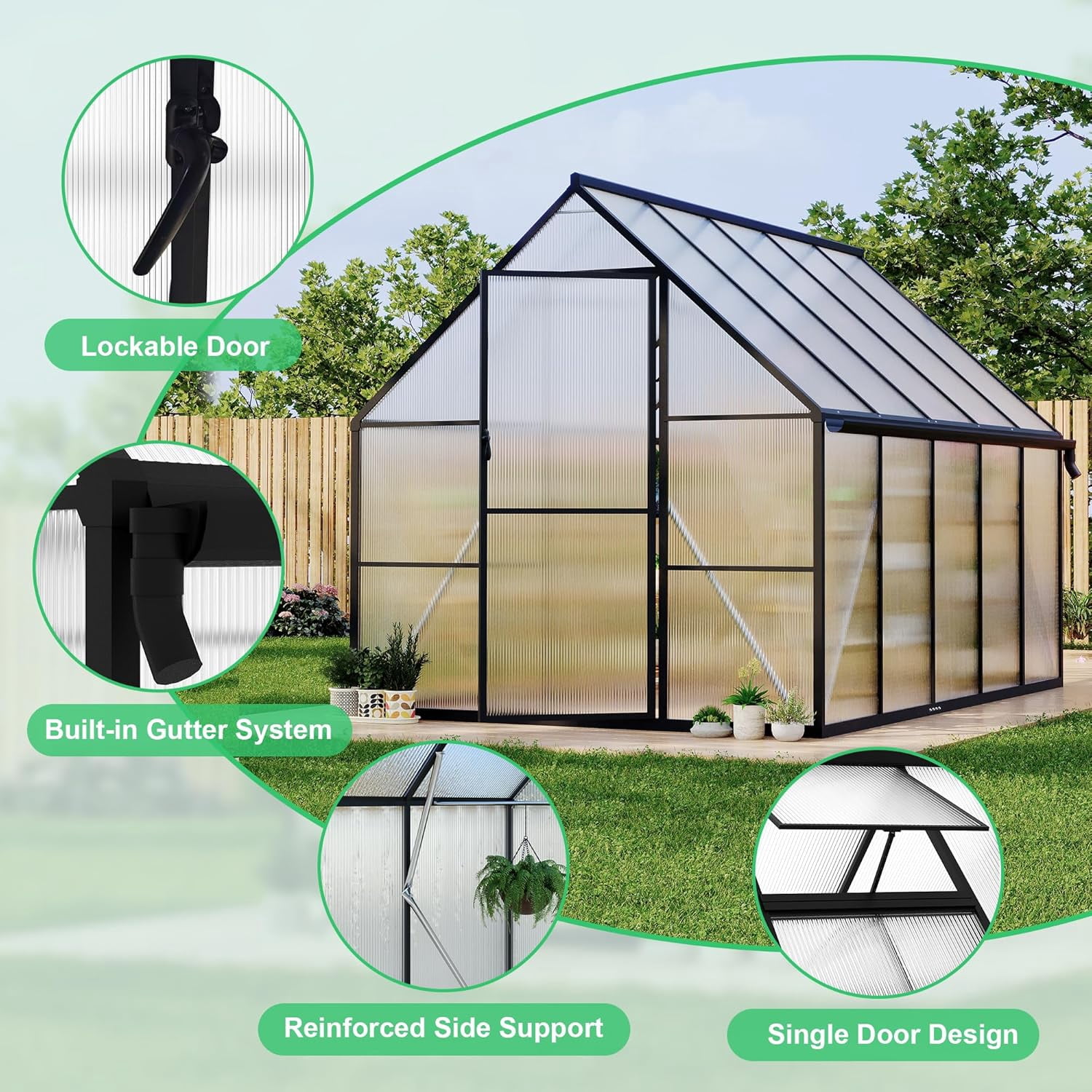 Homhougo 8'x10' Aluminum-Framed Polycarbonate Greenhouse, Heavy Duty Polycarbonate Greenhouse with Quick Setup Structure and Roof Vent, Large Enhanced Aluminum GreenhouseKit for Outdoors