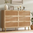 thumbnail image 1 of Rattan Dresser with 6 Drawers, Tall Modern Closet with Deep Storage, Large Chest of Drawers with Wide Top, Long Wooden Dresser for Bedroom, Living Room, Hallway, Kids Room, Natural, 1 of 7