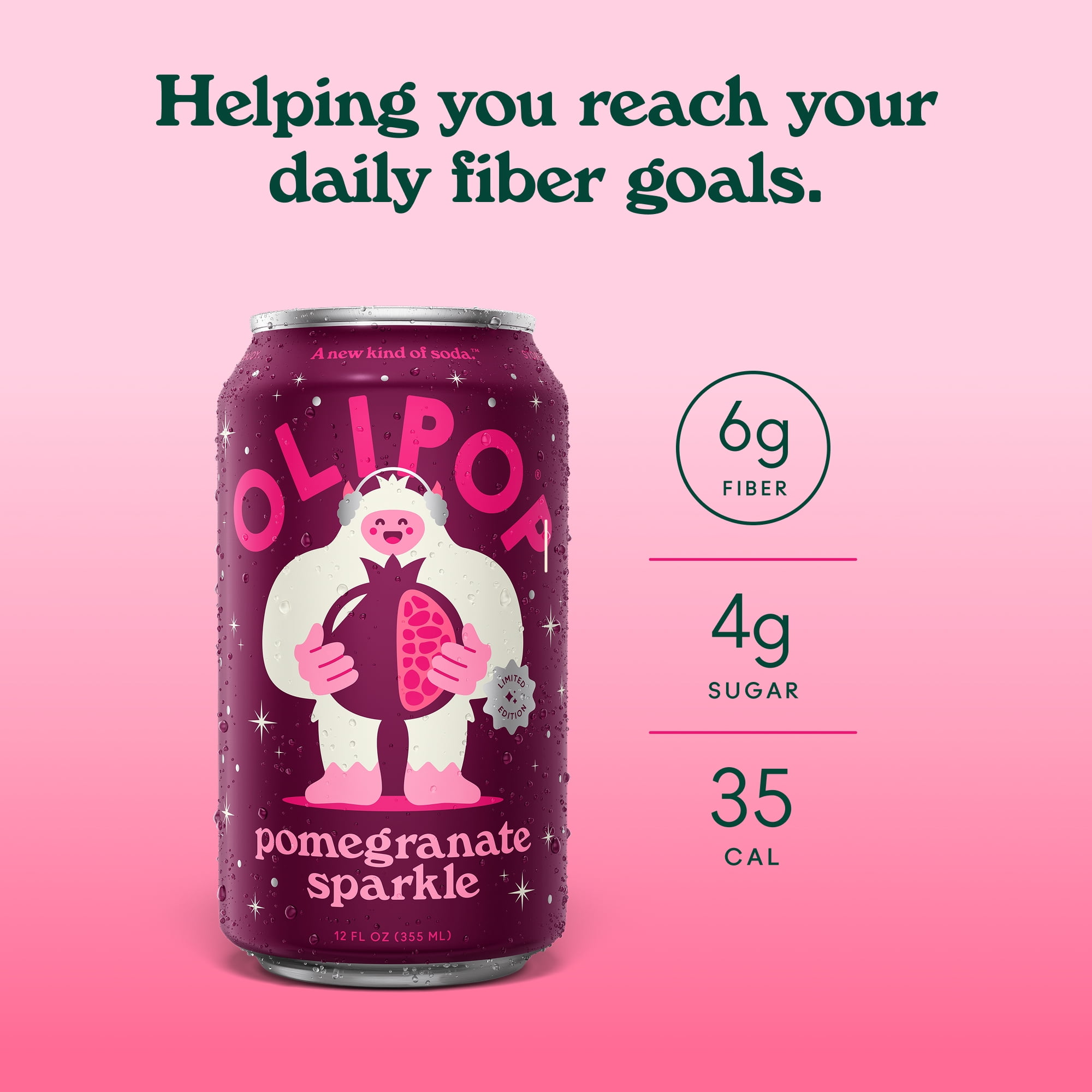 OLIPOP 6g Fiber Prebiotic Soda, Pomegranate Sparkle 12 fl oz, 12 Pack, Shelf Stable