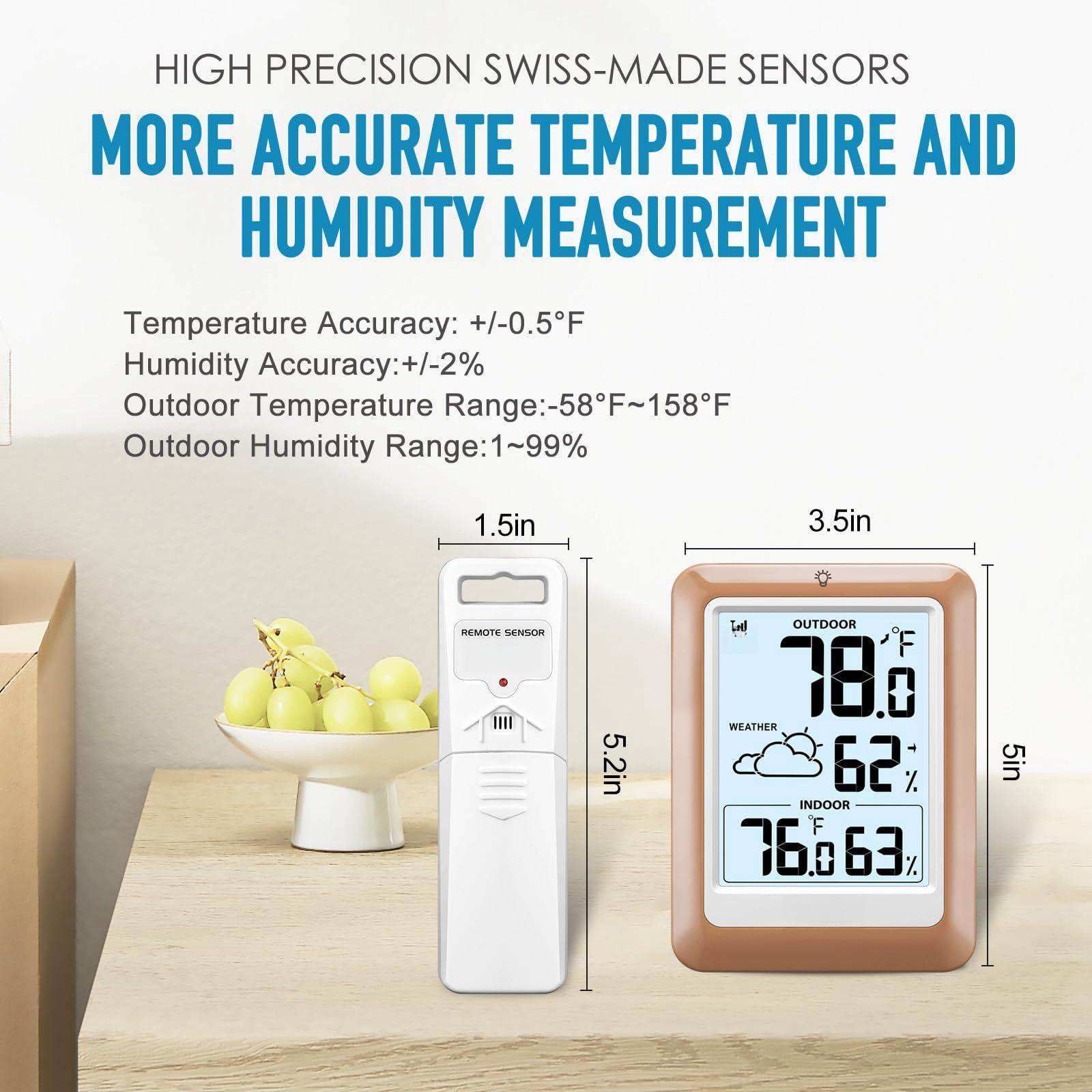 Indoor Outdoor Wireless Weather Station  Internal External Hygrometer Home Batteryoperated Temperature Humiditymonitors330 Feet (about 100 Meters) Backlight Display (khaki)
