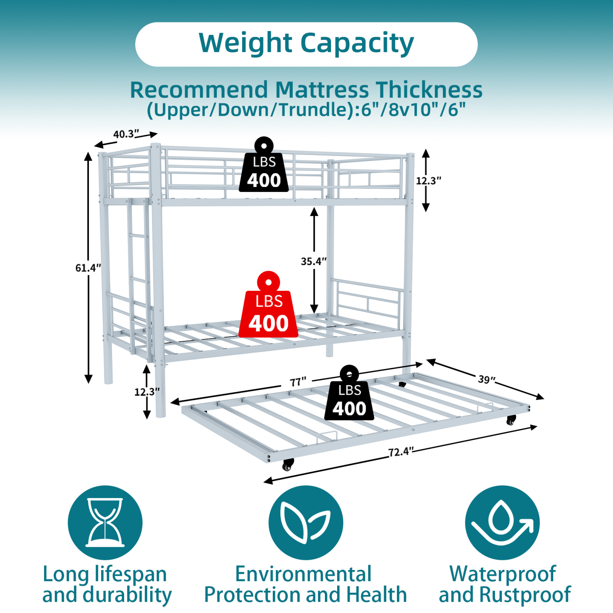 Twin over Twin Bunk Bed with Trundle,Heavy Duty Metal Bed Frame with Sturdy Guardrail for Kids/Adults,Noise Reduced,Silver