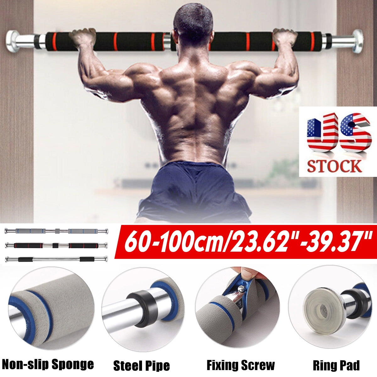 100 CM Heavy Duty Up To 100 KG Indoor Fitness Bar. Door Exercise Bar Pull-Up Bar and Chin-Up Bar doorway Pull-Up Bar Home Gym Adjustable Length 60