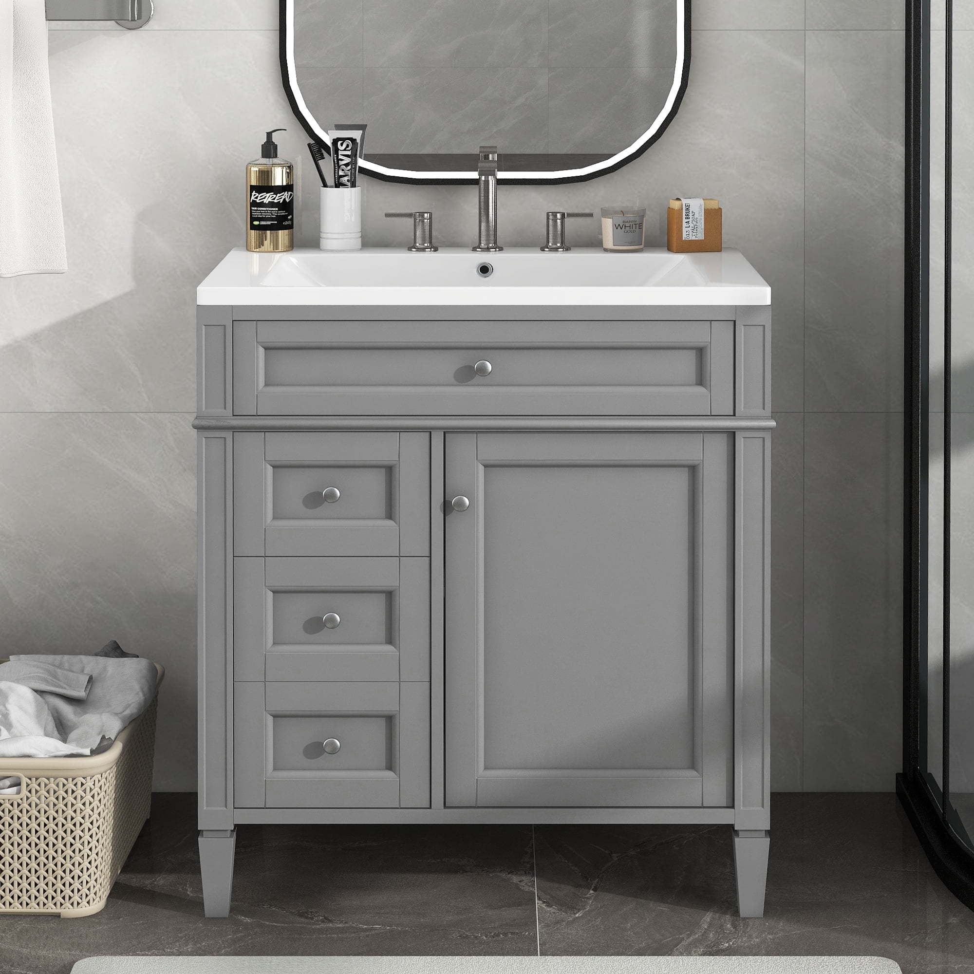 Harper & Bright Designs 30'' Bathroom Vanity with Sink and 2 Drawers and a Tip-out Drawer, Single Sink Bathroom Vanity Cabinet with Door and Adjustable Shelf, Gray