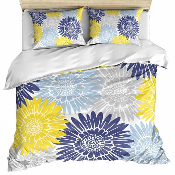 Yellow Blue Sunflowers Bedding 3 Piece Duvet Cover Set Queen Size, Boho Retro Floral Rustic Blossom Microfiber Comforter Cover with Zipper Closure & Pillowcases, Wrinkle & FadeResistant Quilt Cover