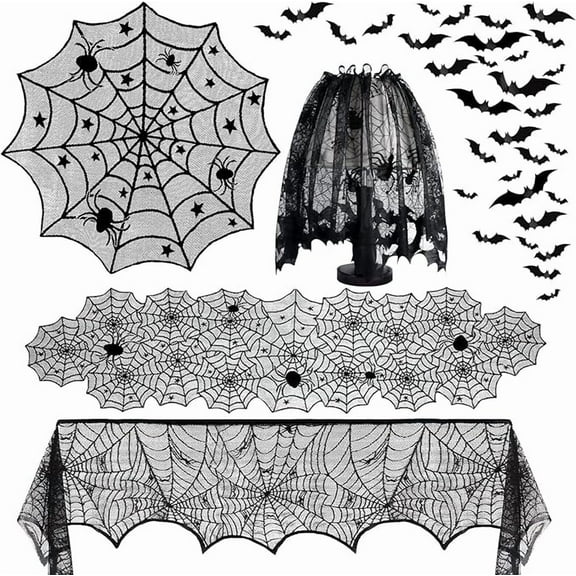 5Pack Halloween Decorations Indoor Halloween Spider Web Tablecloth Table Runners Fireplace Mantel Scarf Cobweb Lampshade Scary 3D Bats for Halloween Spooky Home Decor