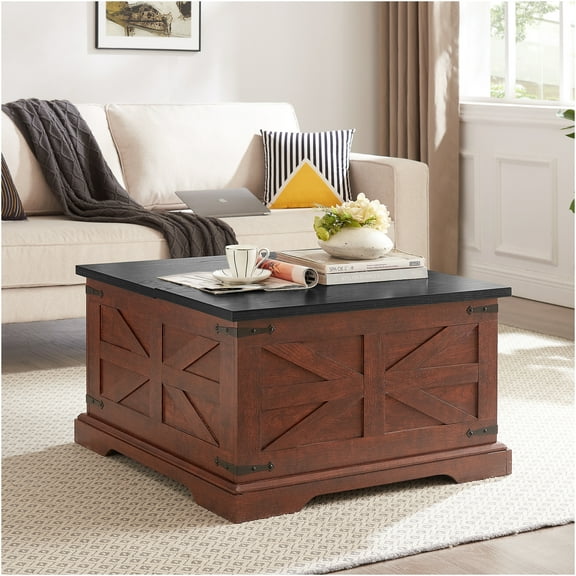 JERFIT Rustic Oak Lift-Top Coffee Table with Hidden Storage, Farmhouse Square Center Table with Barn Door Design for Living Room