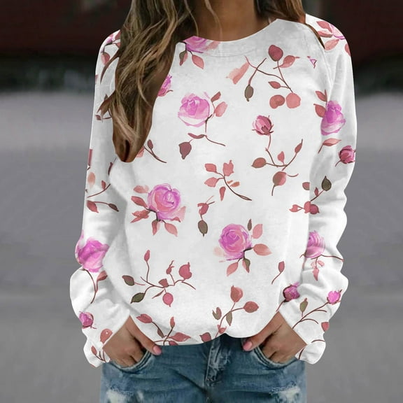 Royisotas Women Sweatshirts Fall and Winter Long Sleeve Floral Graphic Pullover Pink Crewneck Raglan Casual No Hood Tops