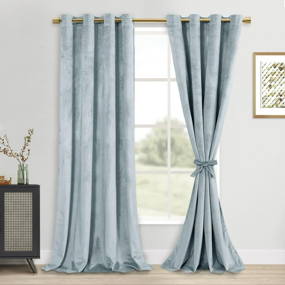 Hiasan Luxury Velvet Curtain with Tie-backs - Blackout Curtains for Bedroom/Living Room, Stone Blue, Grommet, 52" x 84", Set of 2
