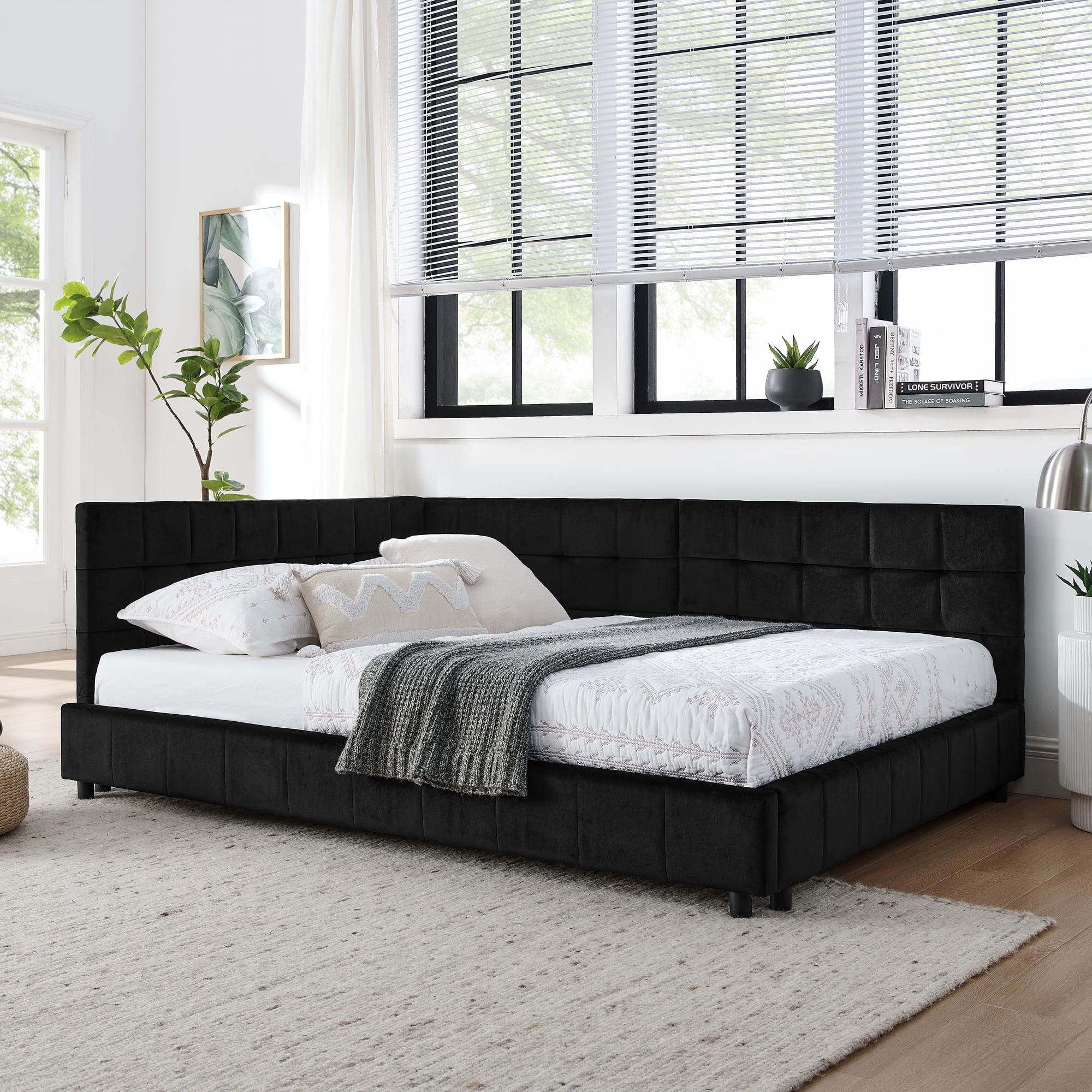 Gewnee Black Velvet Upholstered Full Size Multifunctional Daybed Sofa - Solid Eucalyptus Wood Frame with Backrest for Bedroom and Living Room