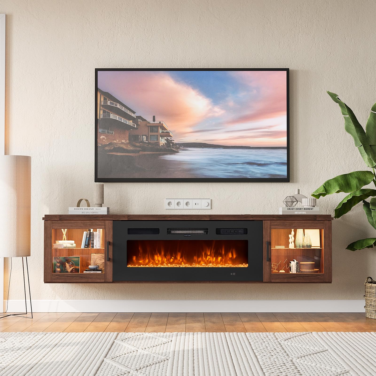 Sunmthink Floating TV Stand with 36" Electric Fireplace, High Gloss Finish Wall Mounted Fireplace Entertainment Center with Storage for TVs Up to 80", Brown