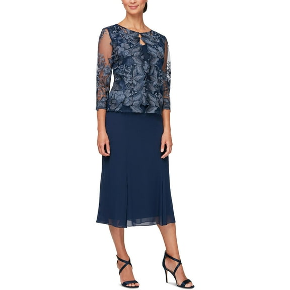 Alex Evenings Womens Lace Midi Cocktail and Party Dress
