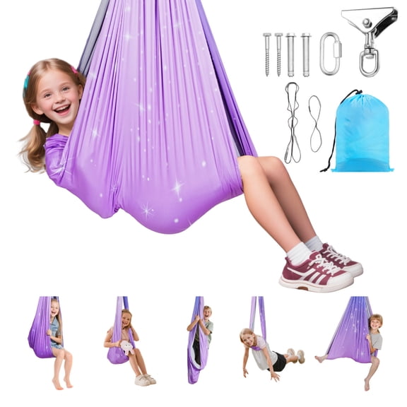 Sensory Swing, Double-Layer Fabric Sensorys Hammock, Indoor & Outdoor Sensory Swing with 360 °   Swivel Hanger, O-Sling, Holds up to 300lbs, Adjustable Aerial Yoga, Ceiling Swings for Kids On-Site