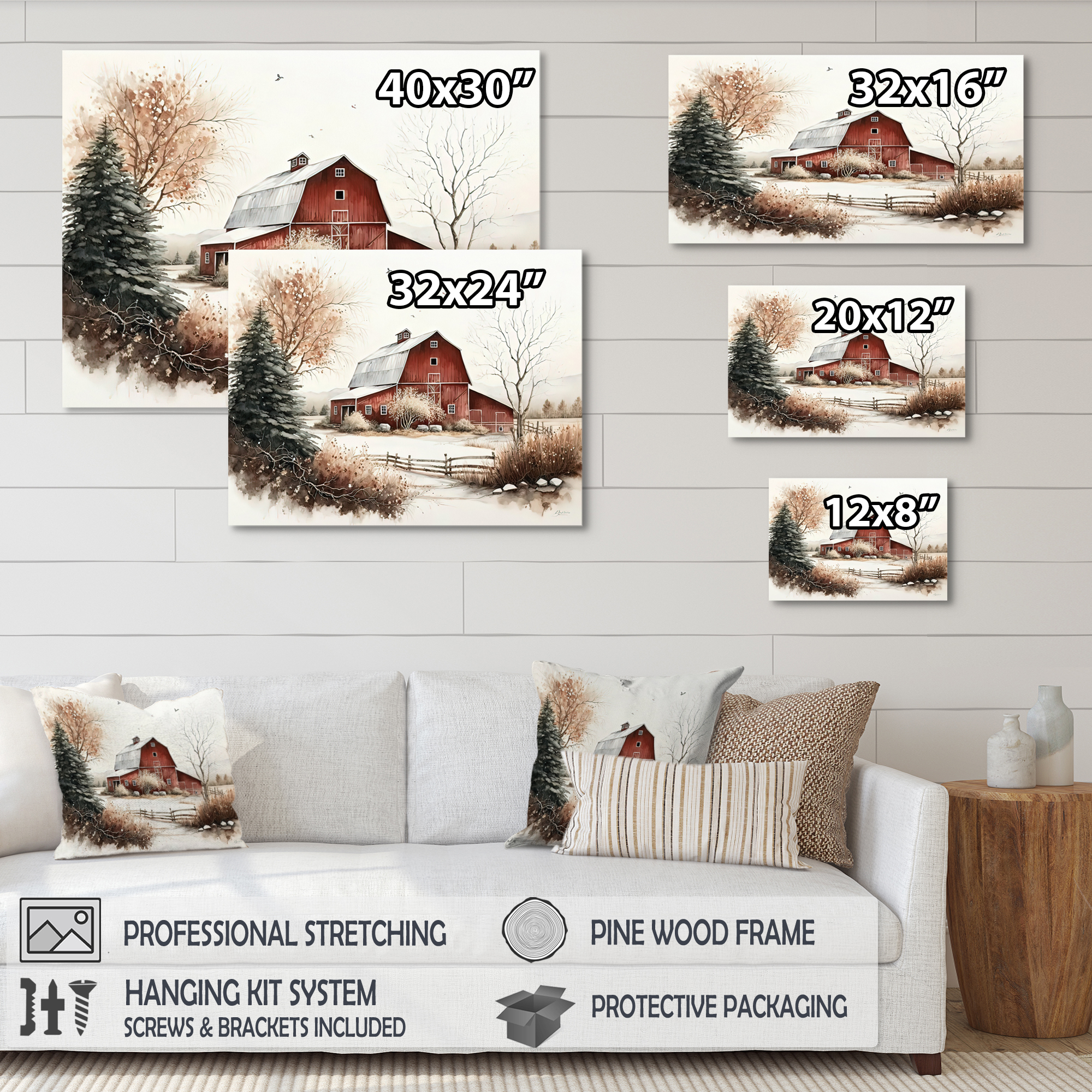 Designart Calm Red Barn In Winter I Canvas Wall Art
