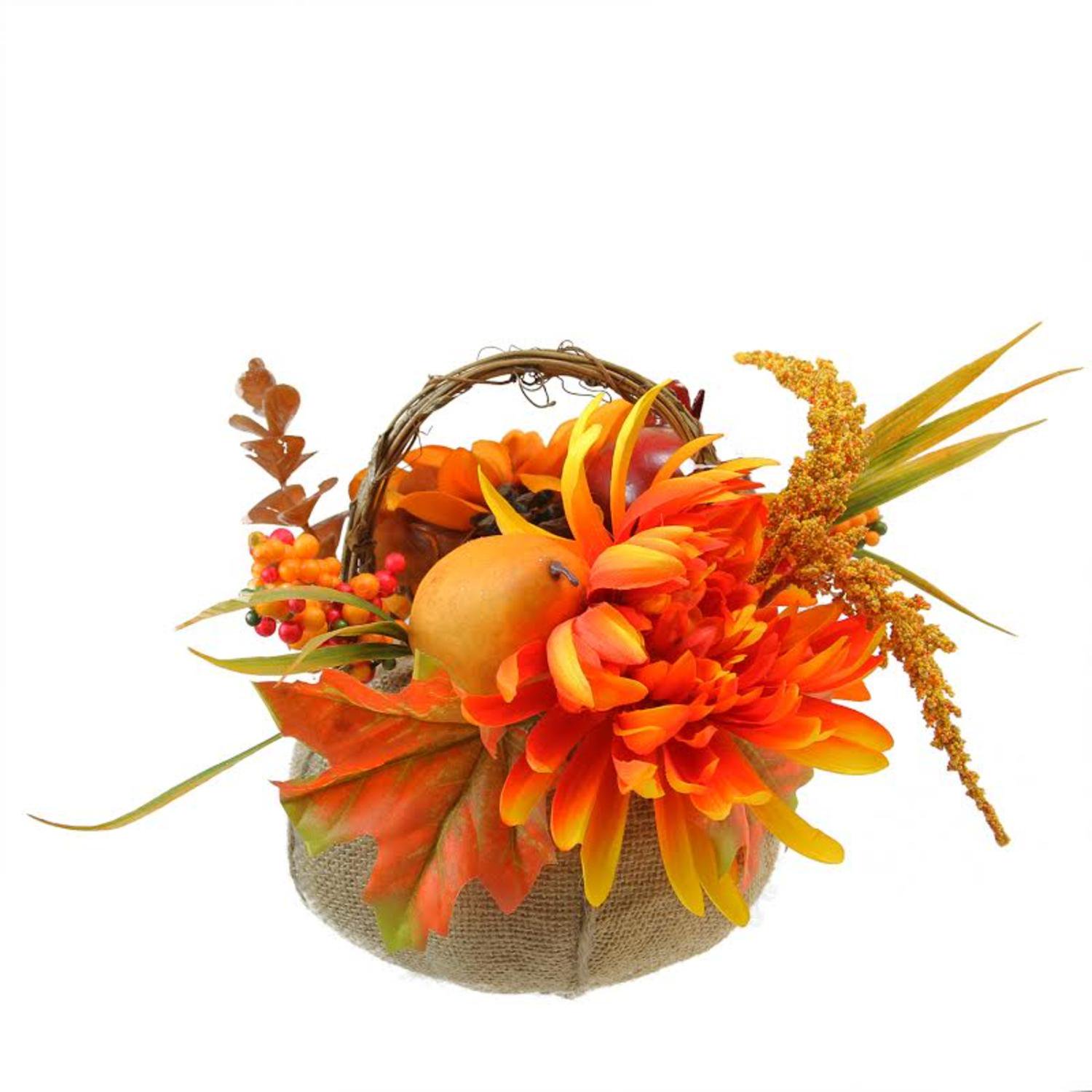 9 Autumn Harvest Burlap Pumpkin With Flowers And Fruit