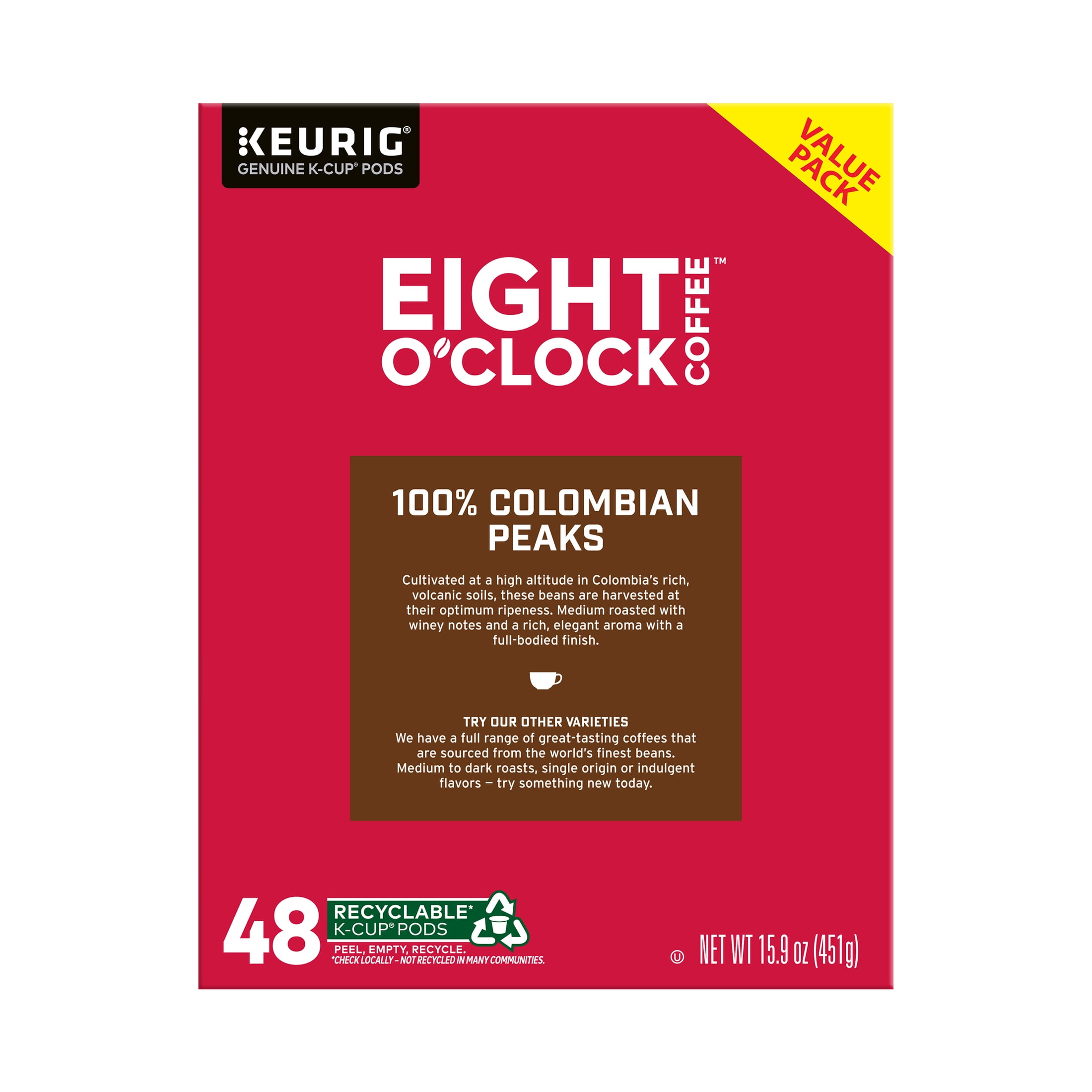 Eight O'Clock Coffee Medium Roast 100% Colombian Peaks Coffee Value Pack 48 - 0.33 oz K-Cup Pods