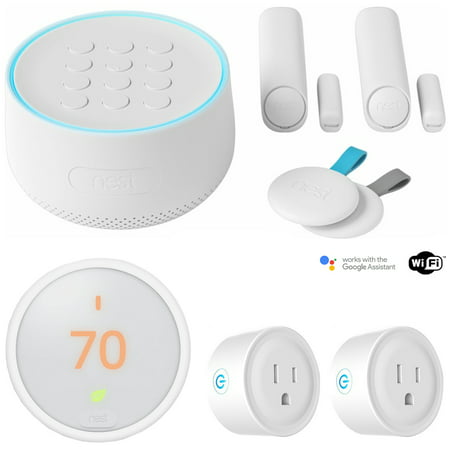 Nest Secure Alarm System Starter Pack (H1500ES) w/ Thermostat Bundle Includes, Nest T4000ES Learning Thermostat E (White) and Deco Gear 2 Pack WiFi Smart Plug