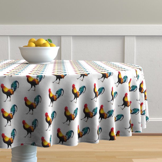 Round Tablecloth Farm Animals Roosters Blue Red Yellow White Land