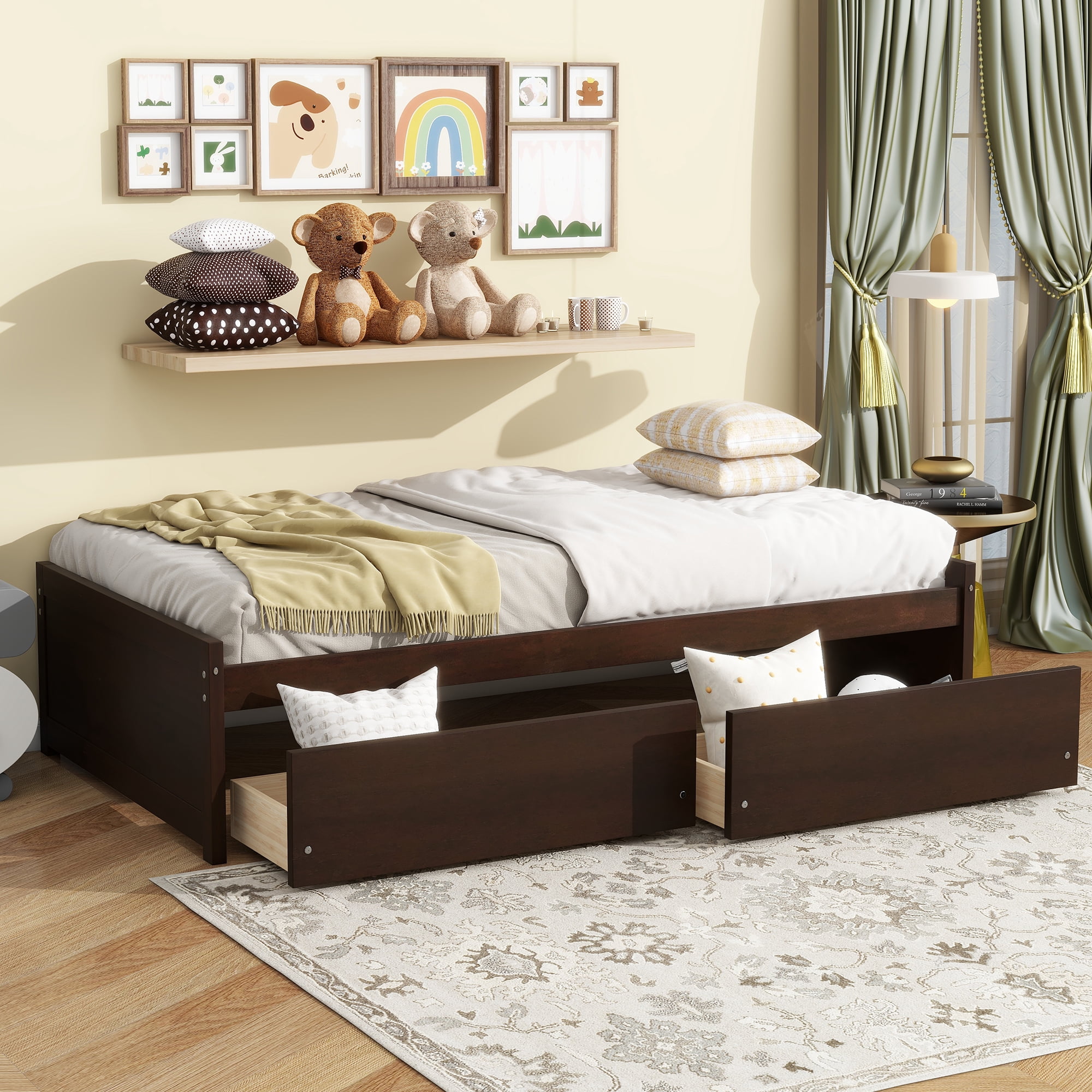 Sailvan Twin Size Bed with 2 Drawers, Solid Rubber Wood Bed