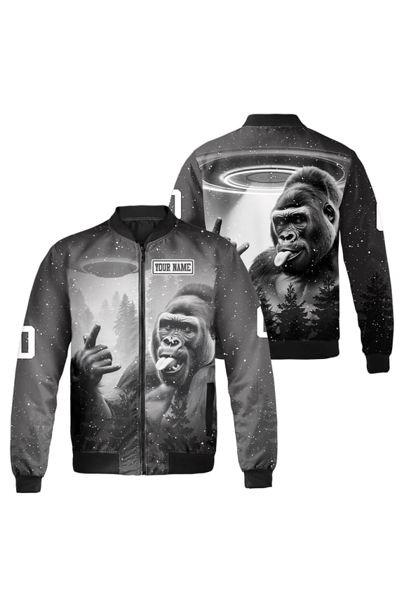 Personalized Gorilla Rock And Roll UFO Bomber Jacket Funny Monkey Alien UFO Jacket for Men Women Custom Name Black Graphic Outerwear Gift