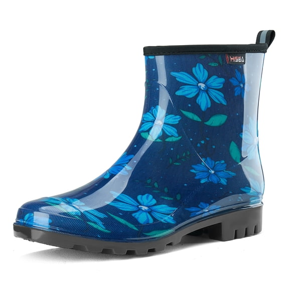 Waterproof Women's Ankle Rain Boots, Non-slip Short Garden Boots，Blue Flower Size 8
