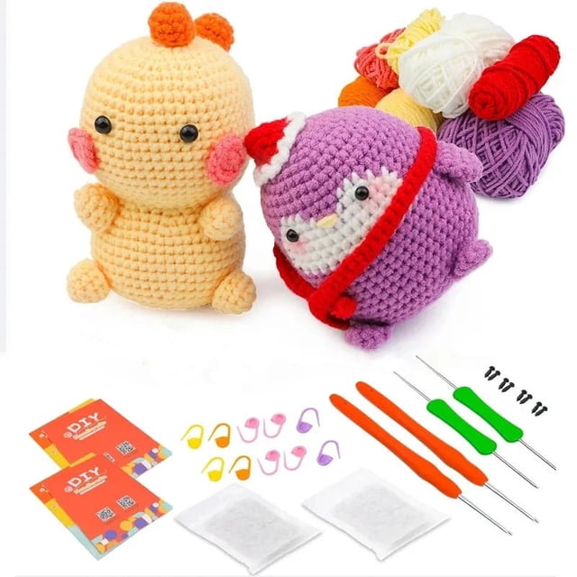 MIUSIE Non Finished Dinosaur&Penguin Shaped Crochet Hook Material Package DIY Handmade Knitting Needles Kit For Beginners