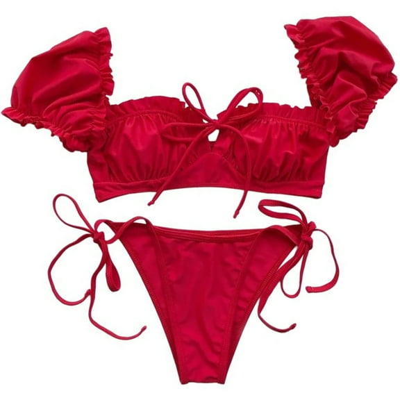 ZPAQI Womens Solid Color Swimsuit Puff Short Sleeve Tie Up Swimwear Set with Cover Up