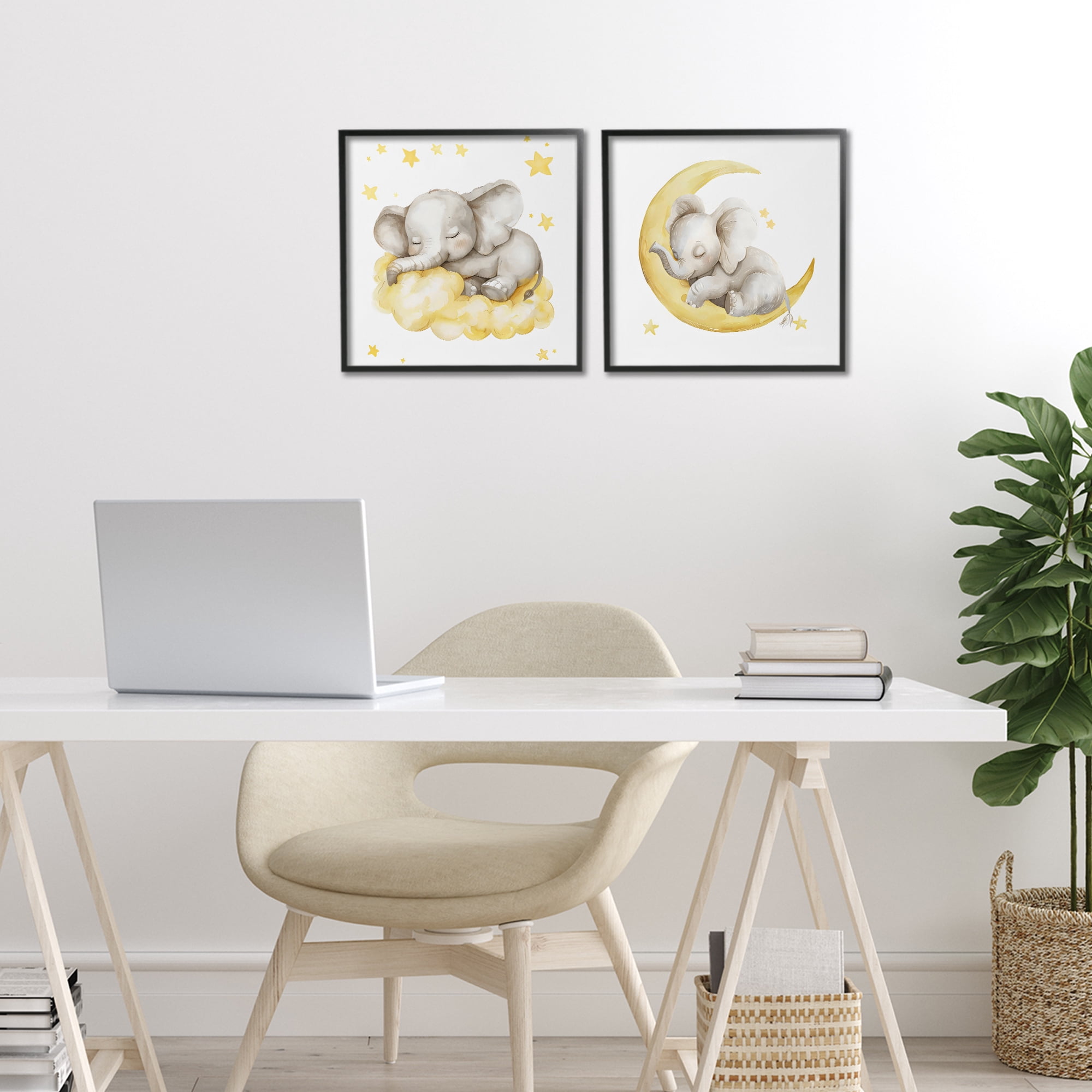 Stupell Industries Sleeping Elephant Moon and Clouds 2 Piece Black Framed Giclee Art Set, design by LSR Design Studio