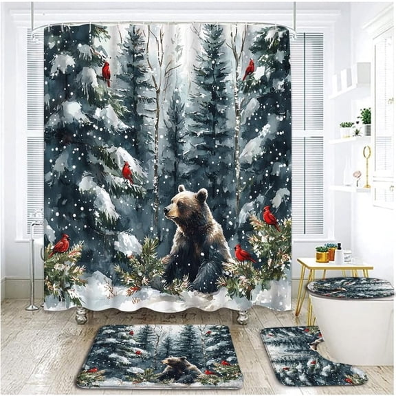 4 Piece Winter Forest Bear Shower Curtain Set with Rugs, Toilet Lid Cover ,Watercolor Wild Animal Xmas Red Bird Snow Scene Pine Tree Fir Hunting Outdoor Cabin Bathroom Shower Curtain with Hooks