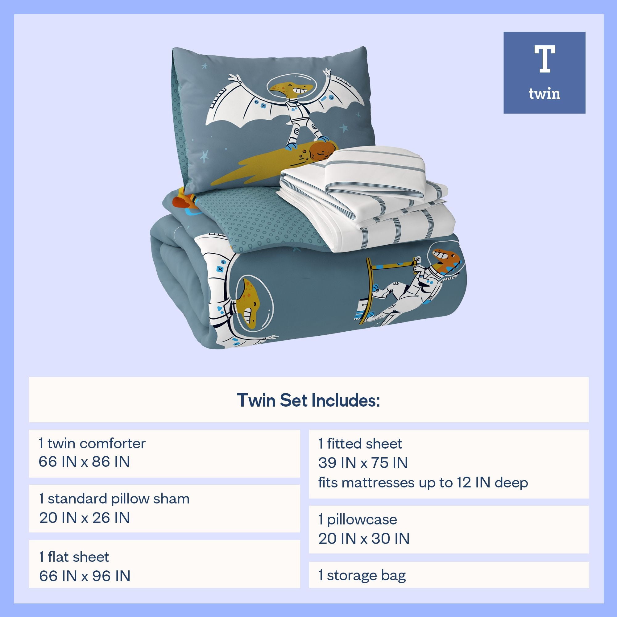 Mainstays Kids Glow in the Dark Space Dino Reversible Comforter Set with Sheets, Twin, 5 Pieces
