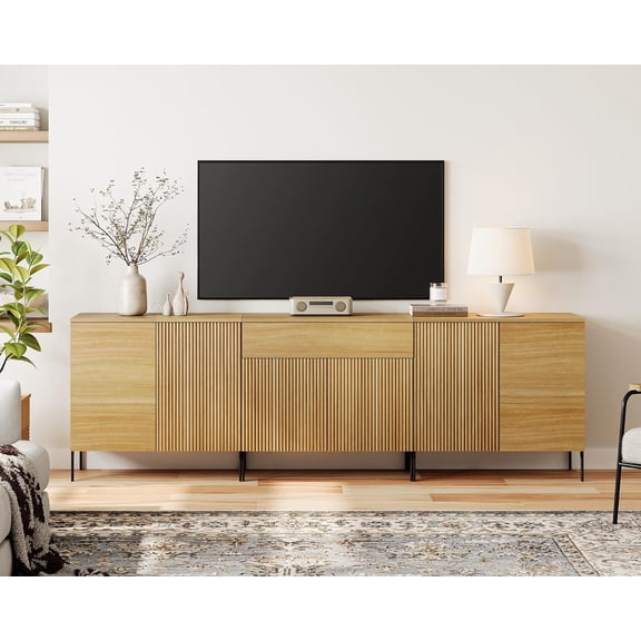 WAMPAT 3 in 1 Modern TV Stand for 100 Inch TV, 94.5" W Fluted TV Entertainment Center with Storage Cabinets and 6 Cabinet Doors, Wooden TV Console Table with Storage for Living Room