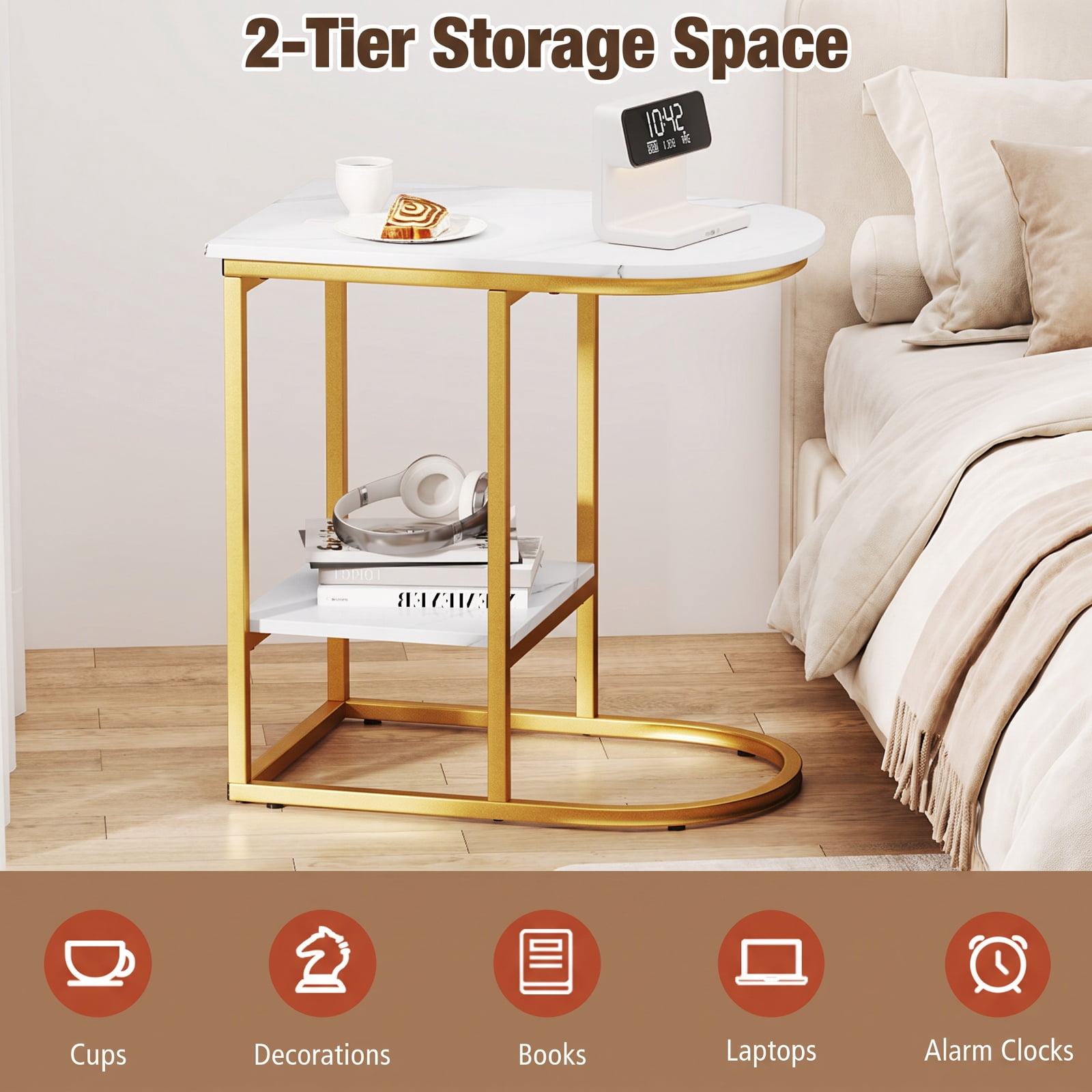 Furnibear C Shaped Modern Sofa Side Table Set of 2 with Faux Marble Tabletop and Two Tier Storage Shelf for Living Room and Bedroom, White